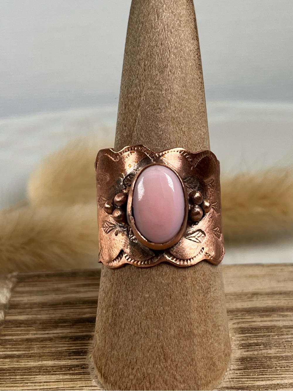 Solid Copper Pink Conch Cigar Band Ring Size 8.75
